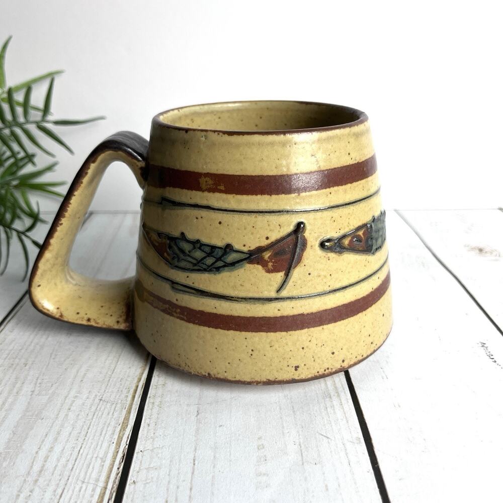 Vintage Stoneware Pottery Stylized Fish Boat Large Mug Stripes Brown Blue Tan